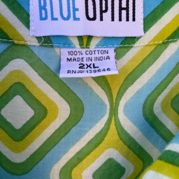 Blue Opihi Tunic Geometric Blue Green Lightweight Cotton Top Sz 2X - Picture 3 of 8
